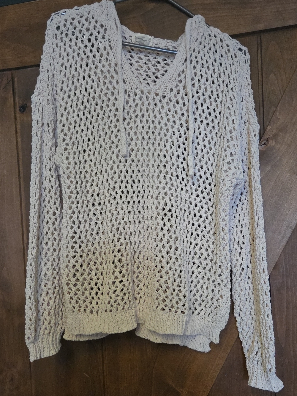 Nicole Miller Open-Knit Scoop Neck Hoodie Sweater in Cream